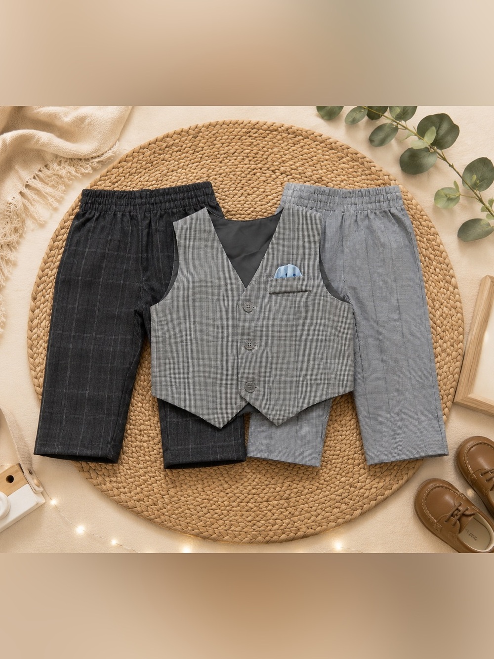 Toddler Formal Outfit Bundle 12M – Dress Pants + Gray Vest Set (3 Pieces)